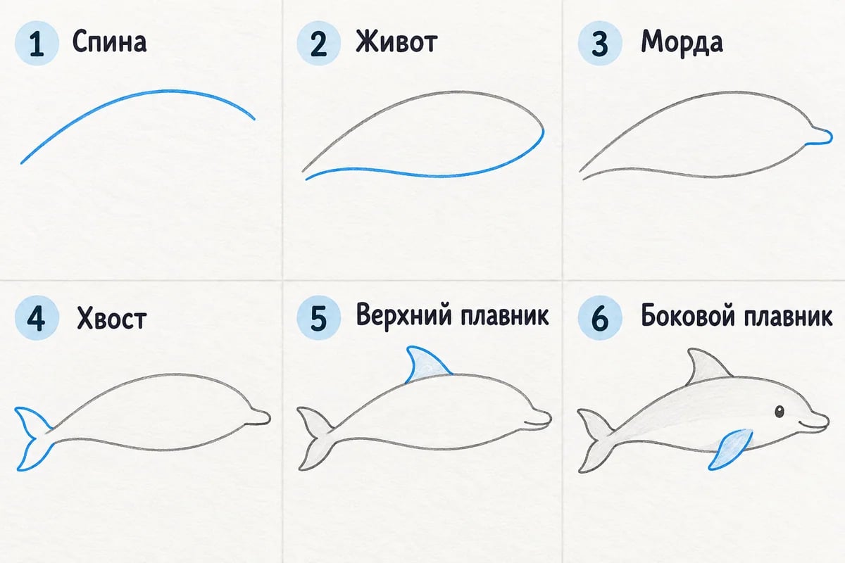 Шесть шагов: спина, живот, морда, хвост, верхний плавник и боковой плавник.