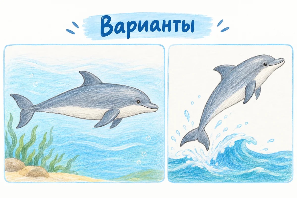 Горизонтально плывущий дельфин и тот же силуэт целиком повёрнутый вверх-вправо в прыжке над одной волной.