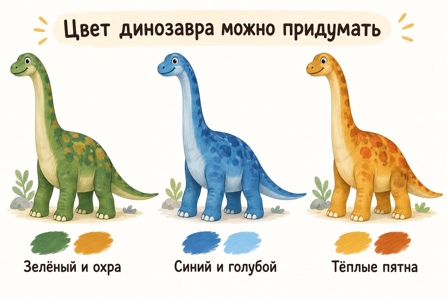 Цвет динозавра можно придумать. Зелёный и охра; Синий и голубой; Тёплые пятна.