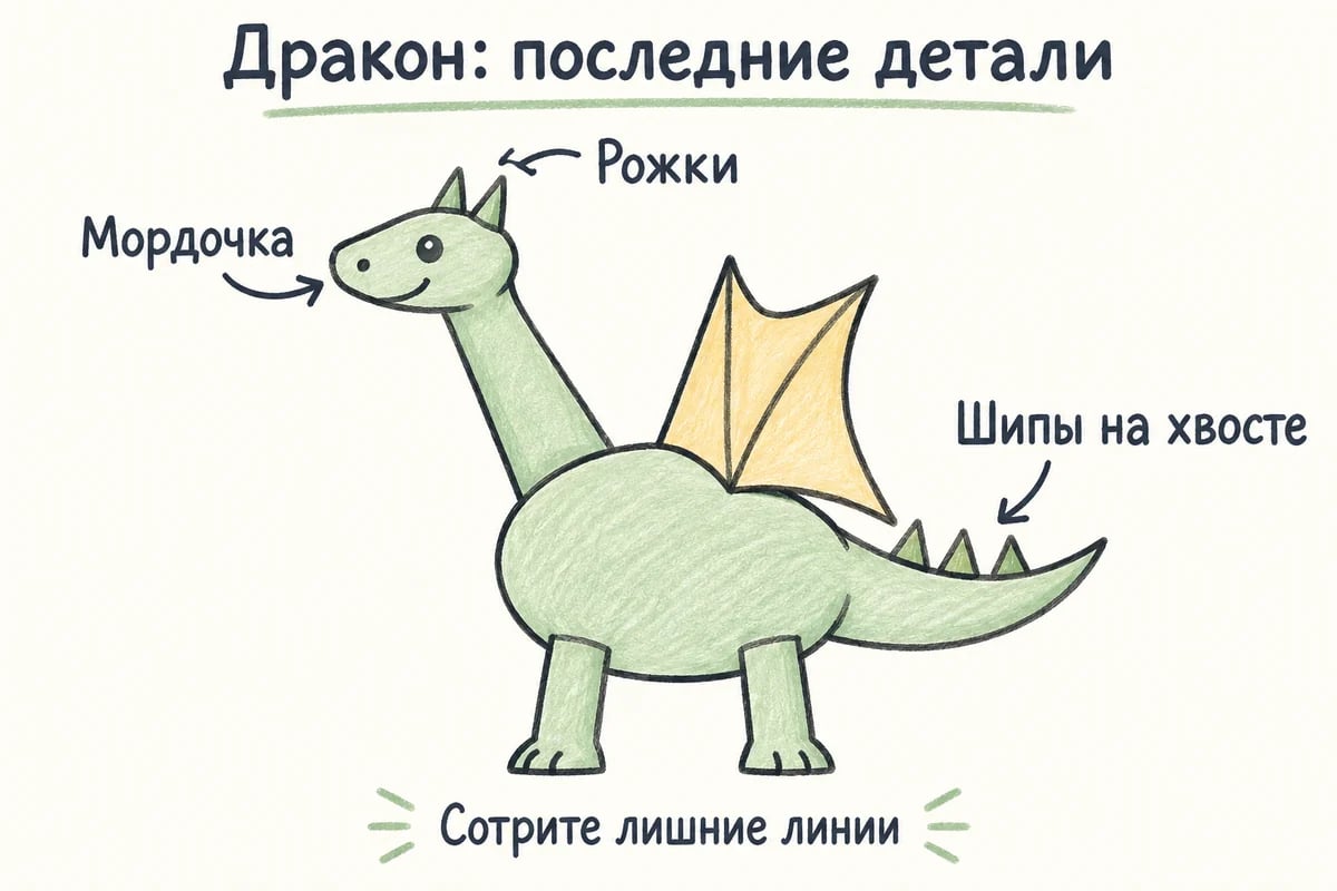 Финальный рисунок зелёного дракона с одним видимым крылом и двумя лапами; отмечены мордочка, рожки и шипы на хвосте