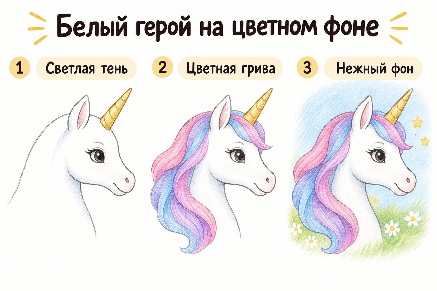 Белый герой на цветном фоне. Светлая тень; Цветная грива; Нежный фон.