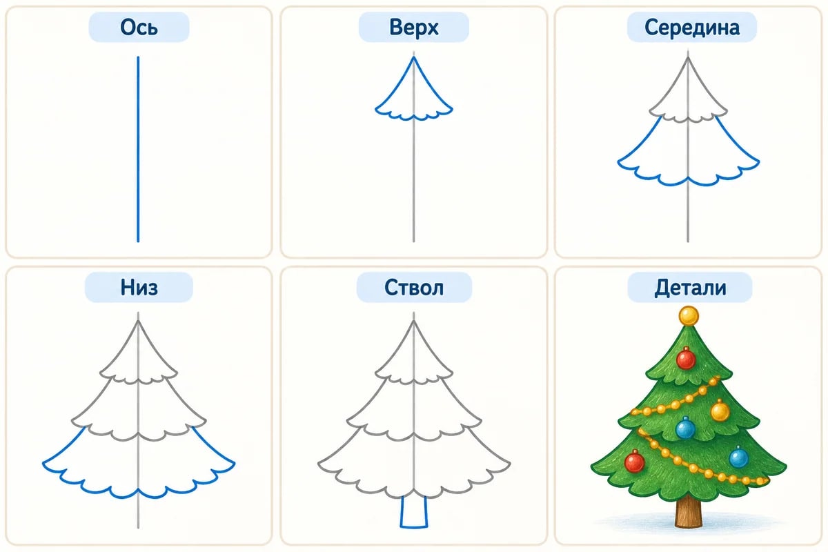 Последовательность действий: Ось, Верх, Середина, Низ, Ствол, Детали
