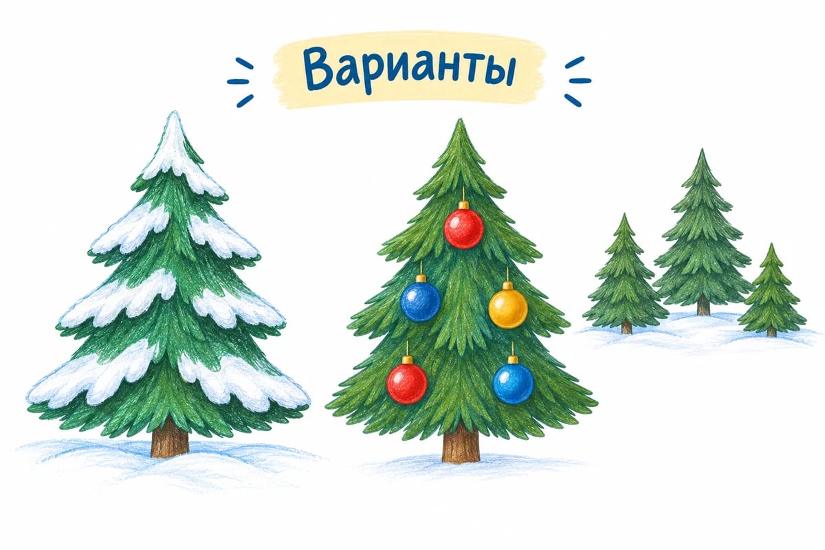 Самостоятельные варианты ёлки с более подробными ярусами: снежные шапки, пять праздничных шаров и маленький лес из трёх деревьев.