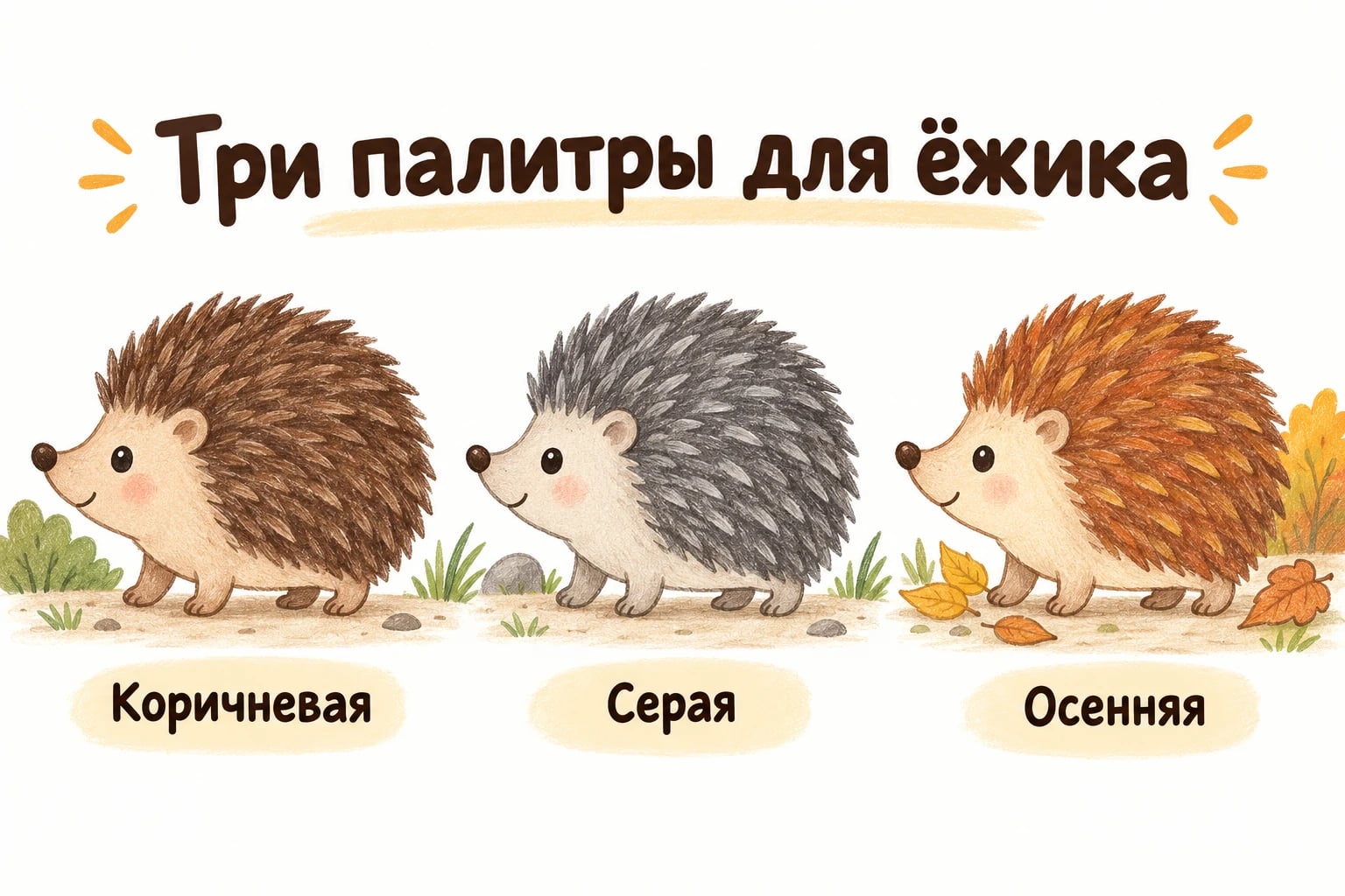 Три палитры для ёжика. Коричневая; Серая; Осенняя.