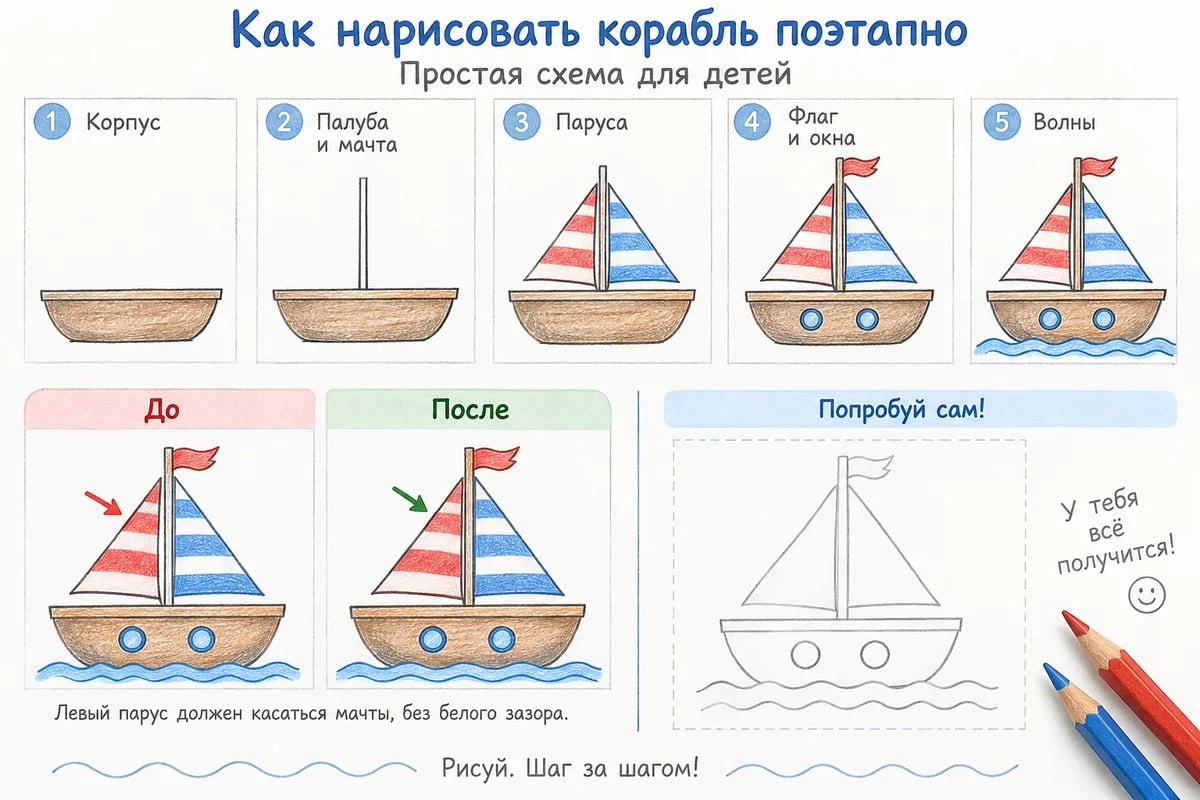 Ошибка соединения и исправление: условный парусник в профиль с одной мачтой, двумя треугольными парусами, широким невысоким корпусом, маленьким флагом и волнами под корпусом