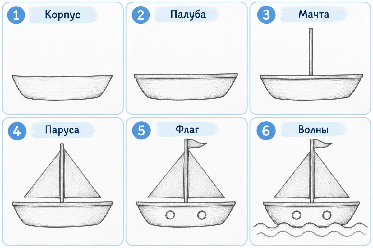Последовательность: корпус, палуба, мачта, паруса, флаг, волны