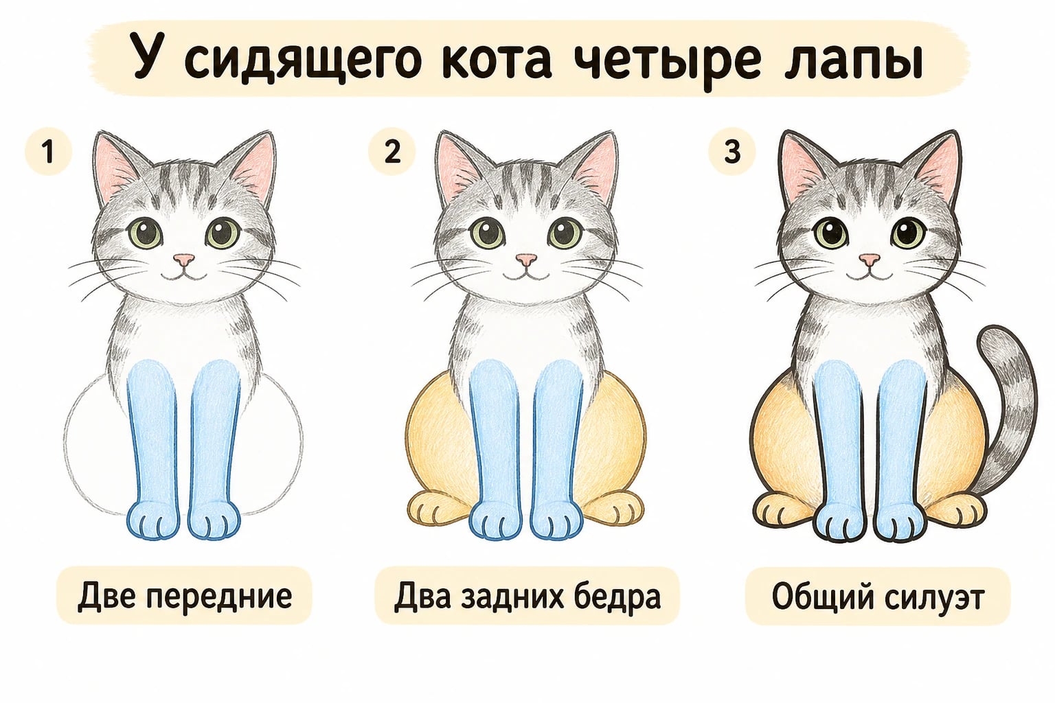 У сидящего кота четыре лапы. Две передние; Два задних бедра; Общий силуэт.