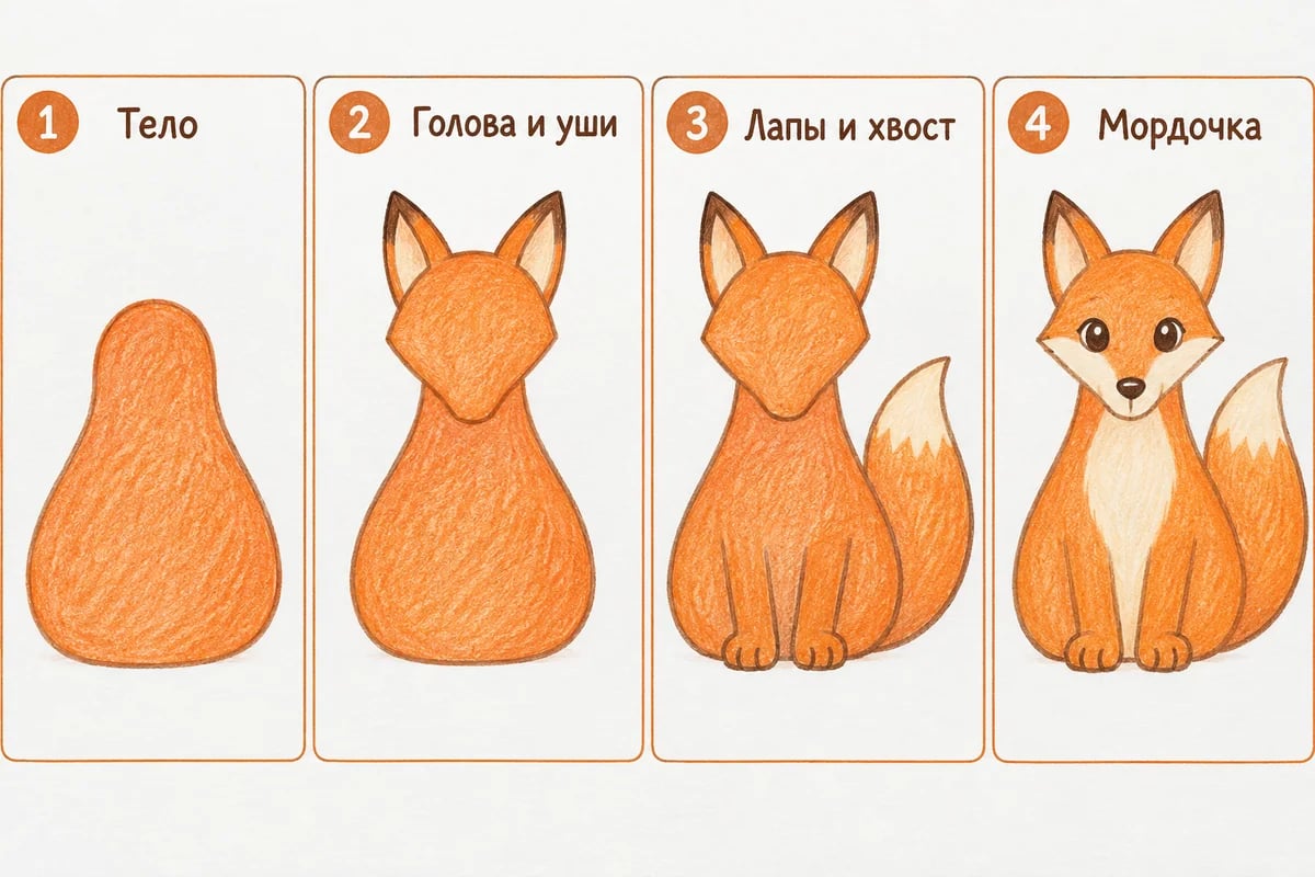 Четыре этапа рисунка сидящей лисы
