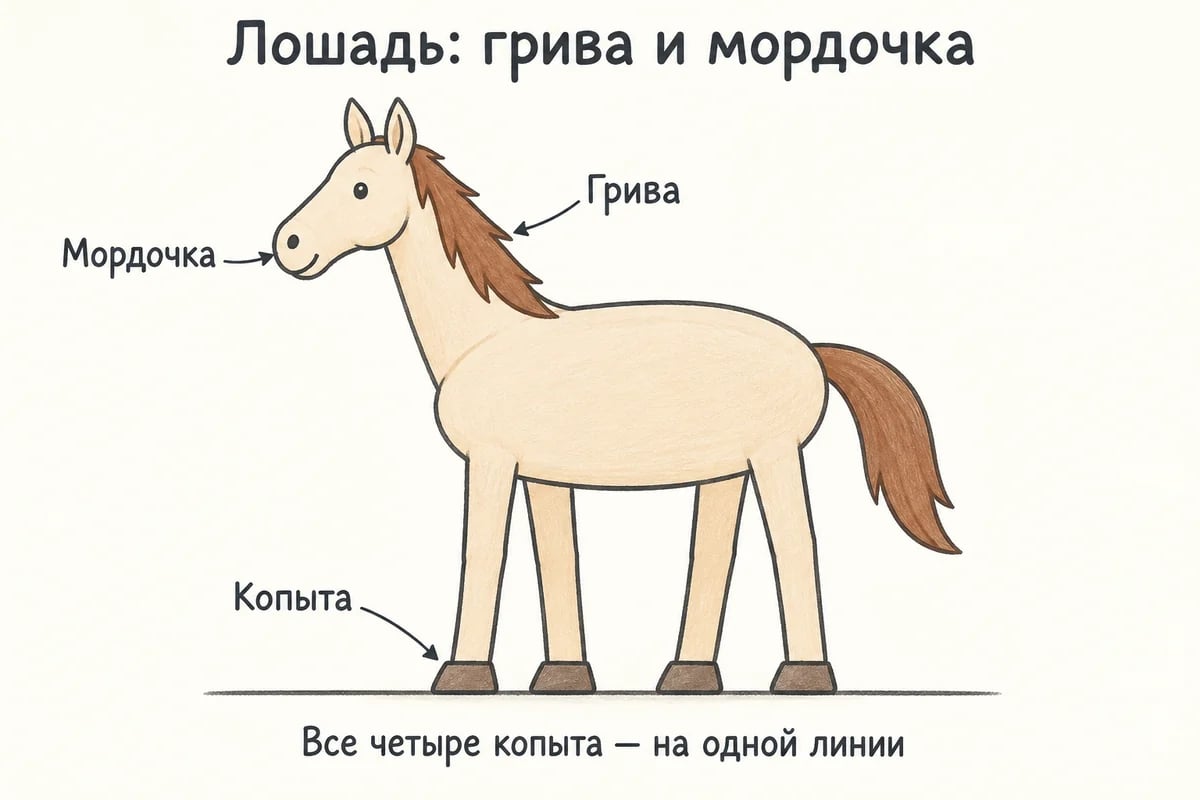 Завершённый рисунок лошади с подписями гривы, мордочки и копыт; все четыре ноги видны отдельно