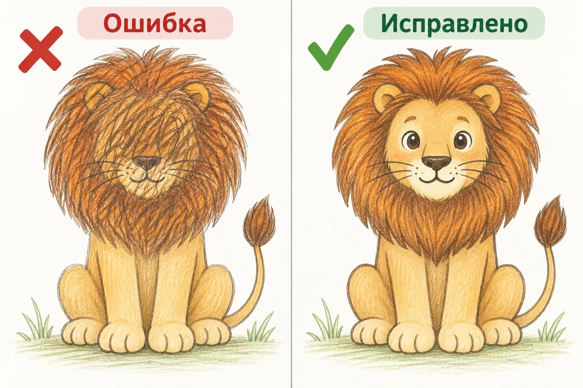 Слева грива заштрихована через лицо и закрыла глаза; справа то же лицо чистое и светлое внутри более широкой гривы.