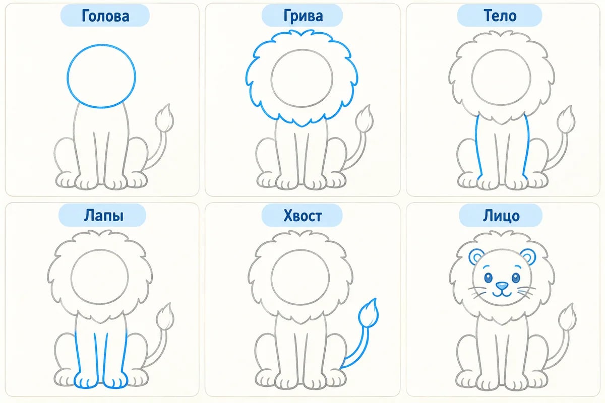 Последовательность действий: Голова, Грива, Тело, Лапы, Хвост, Лицо