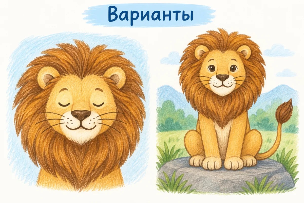 Портрет с закрытыми глазами и сидящий лев на широком низком камне.