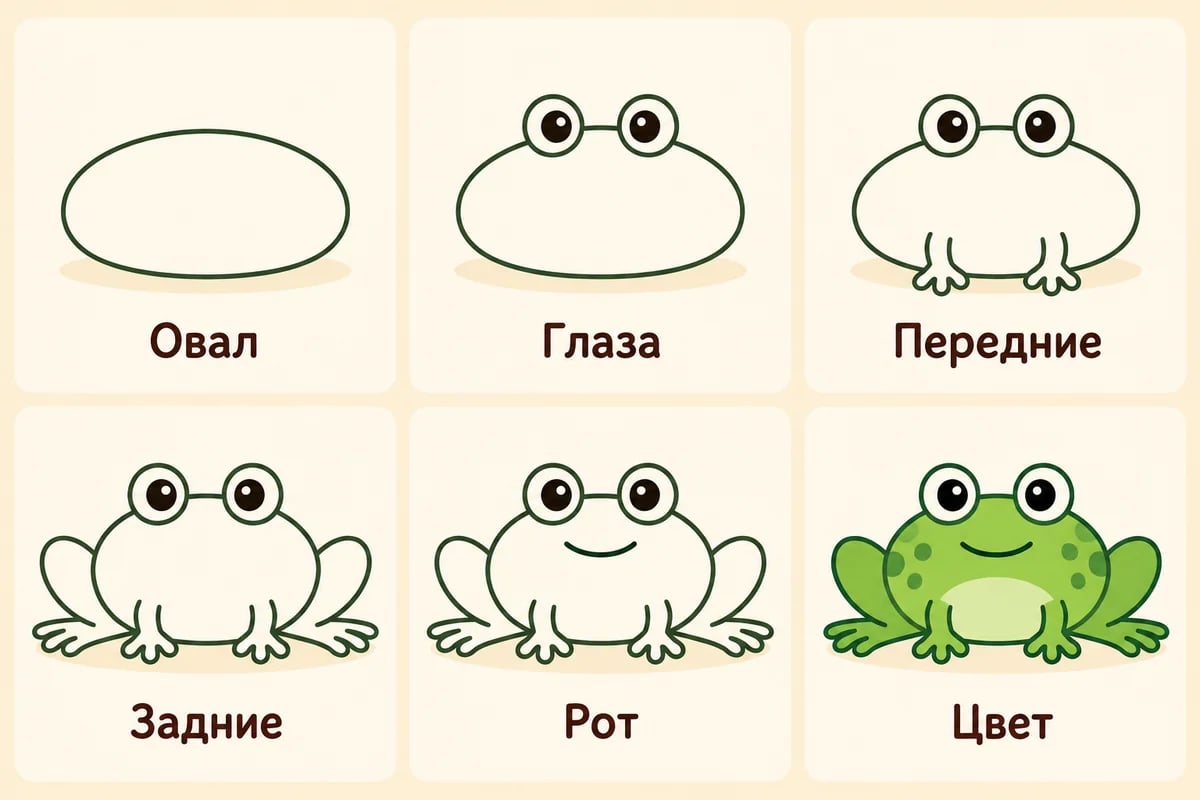 Шесть этапов рисования сидящей лягушки