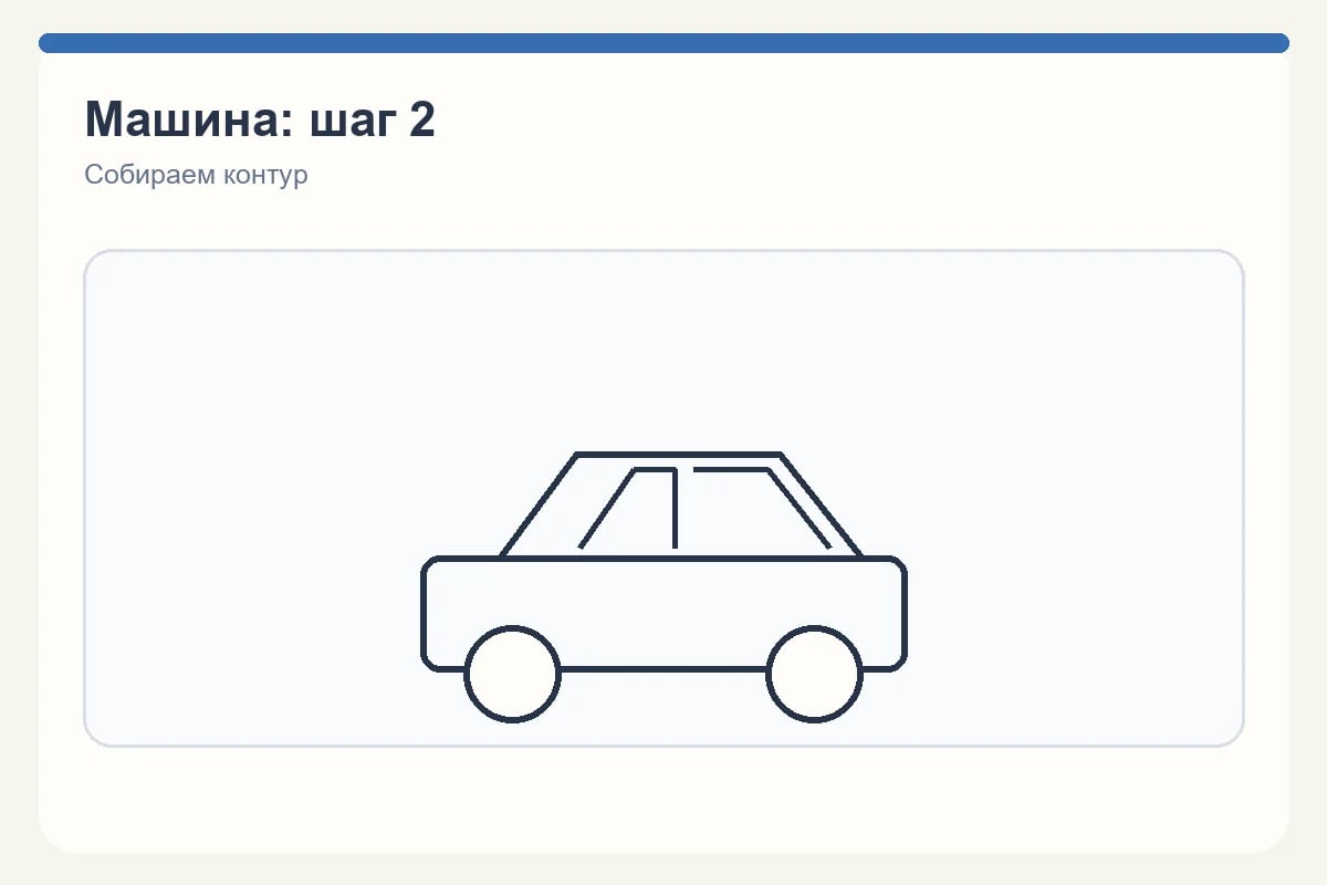 Второй шаг рисунка машины: колёса и окна внутри крыши