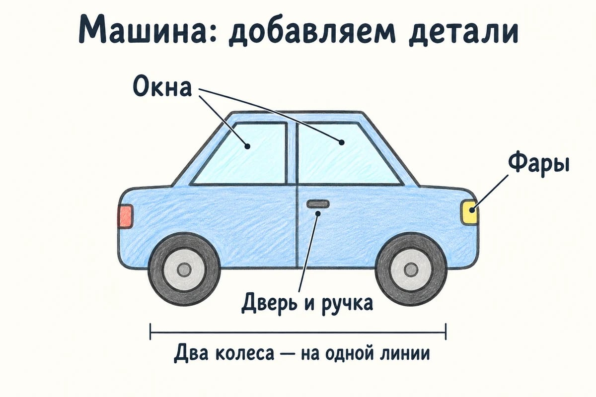 Завершённый рисунок синей машины сбоку с подписями окон, двери, ручки и фары; два колеса стоят на одной линии