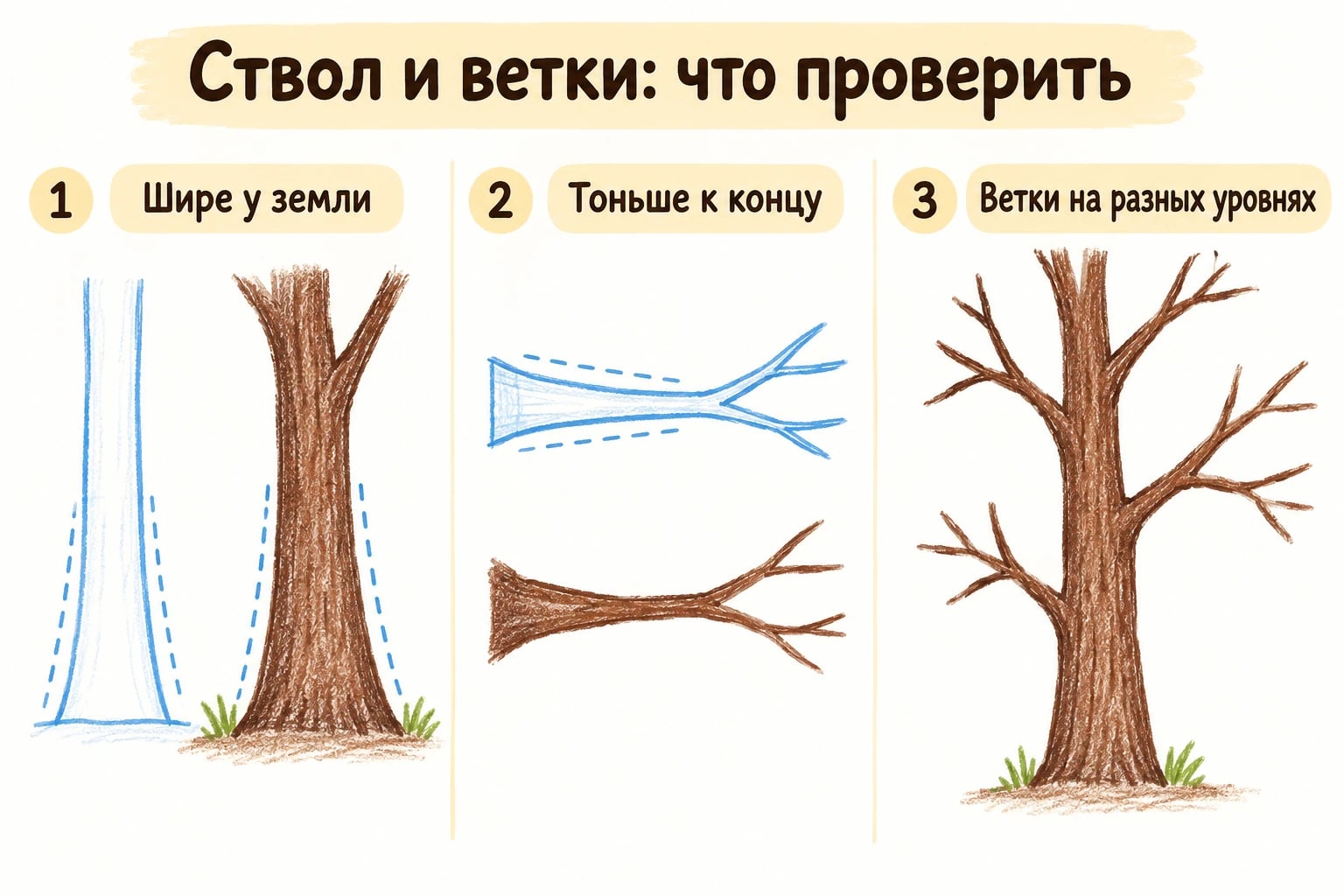 Ствол и ветки: что проверить. Шире у земли; Тоньше к концу; Ветки на разных уровнях.