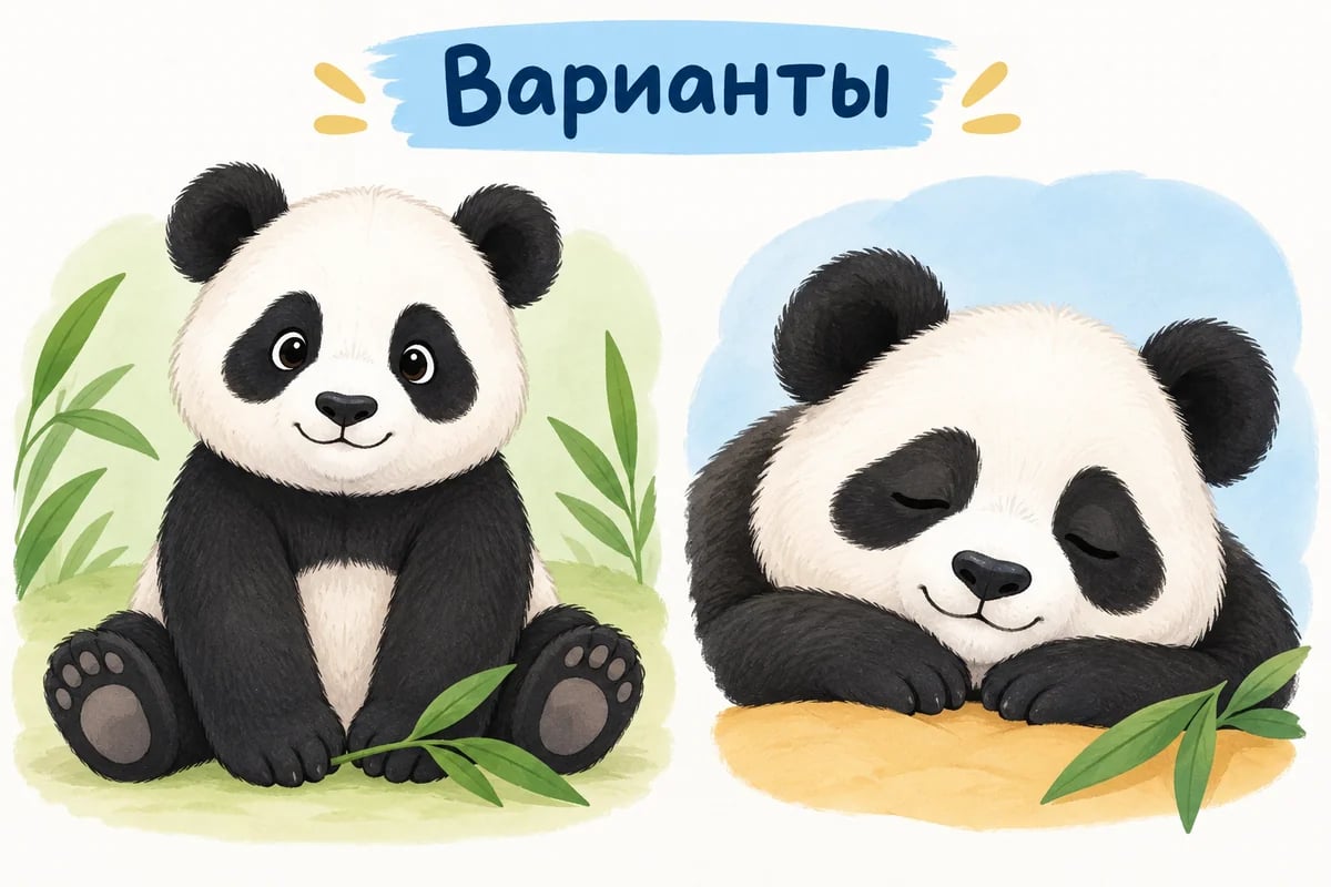 Сидящая панда с зелёным листом и сонная панда, опирающая голову на передние лапы; округлые уши и отдельные глазные пятна.