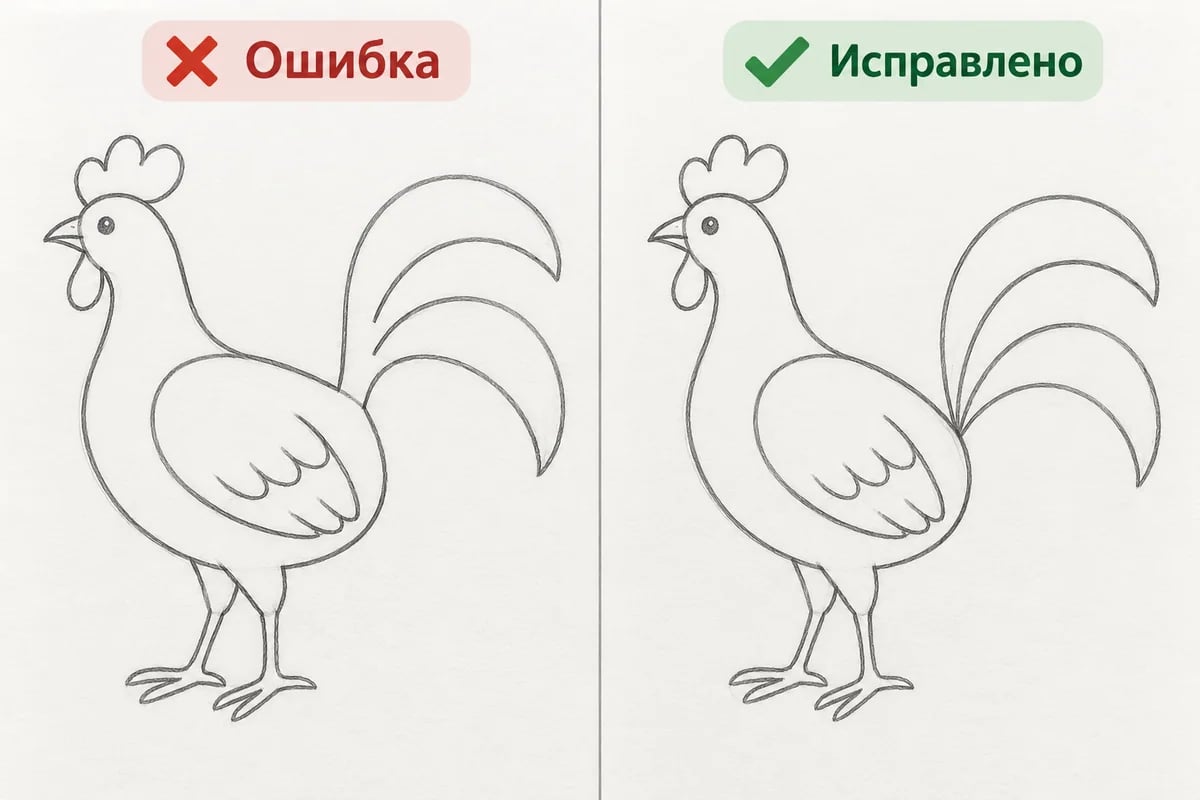 Слева три пера хвоста начинаются в случайных разных местах; справа их основания сходятся в заднем крае тела, скрытые линии удалены.