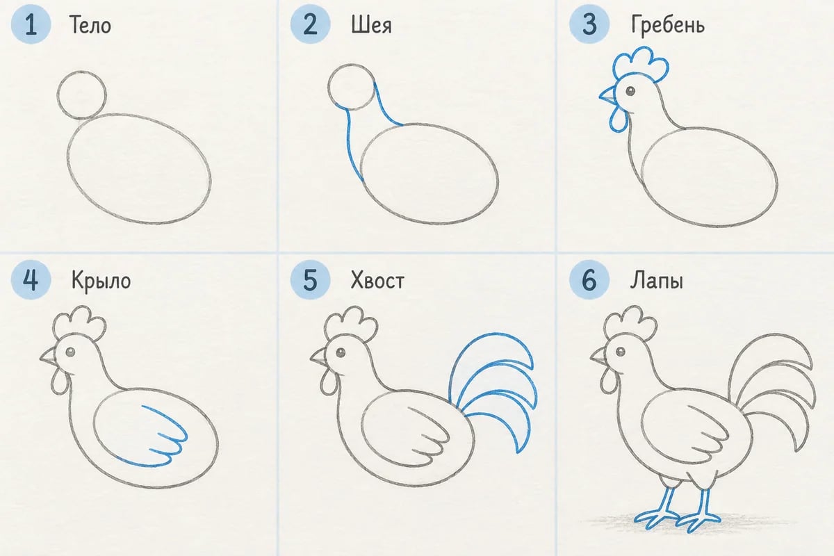 Последовательность действий: Тело, Шея, Гребень, Крыло, Хвост, Лапы