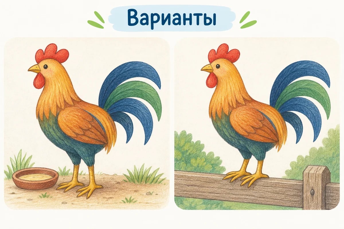 Два петуха с более подробными хвостами: у миски на земле и на верхнем краю доски забора.
