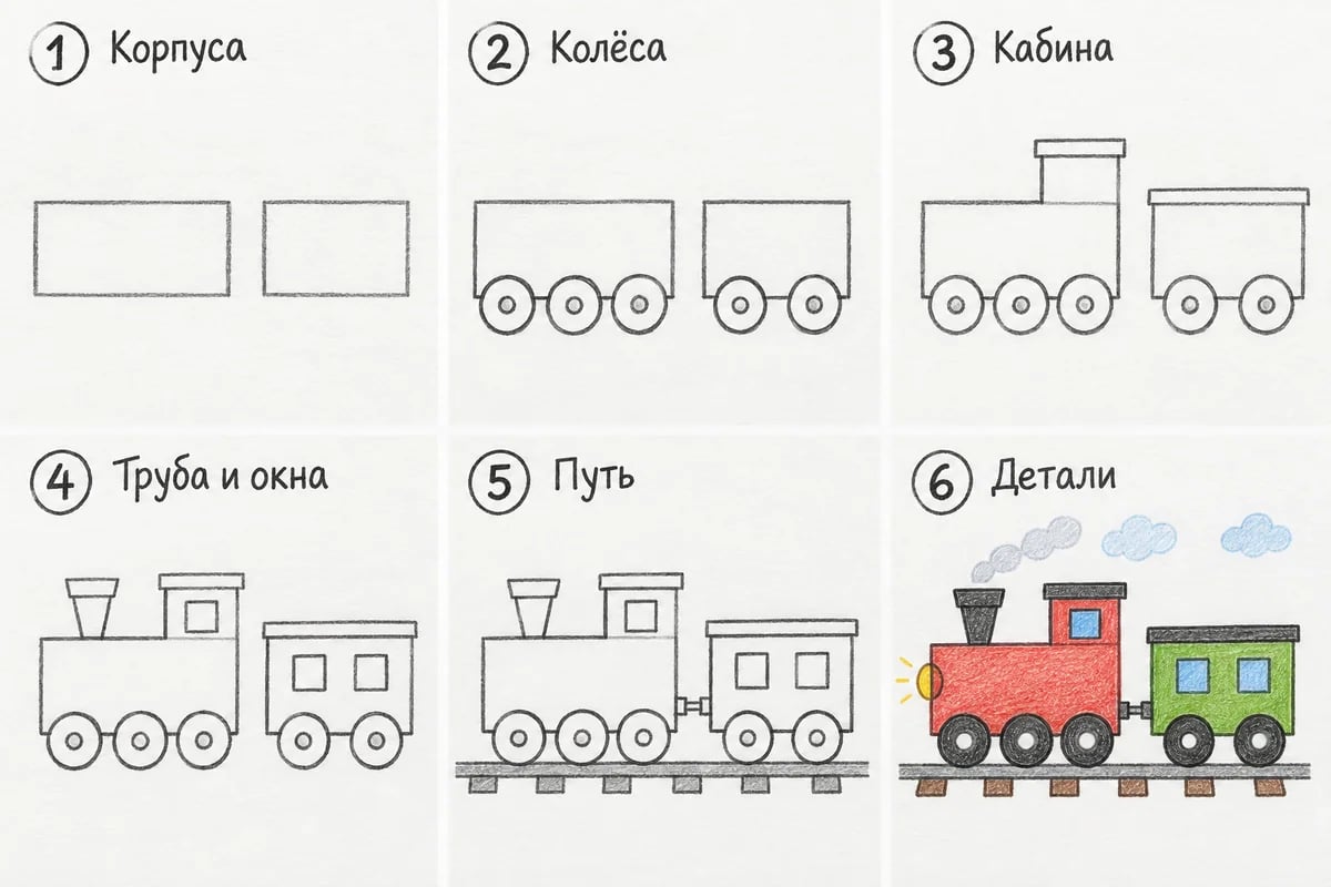 Шесть этапов паровоза и вагона с пятью видимыми колёсами