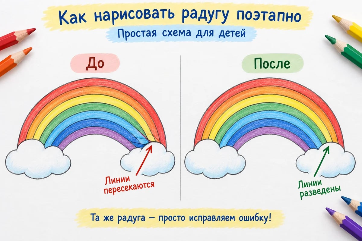 Ошибка соединения и исправление: основная учебная радуга из семи широких цветных полос и восьми границ, красный снаружи, фиолетовый внутри, два облака закрывают концы