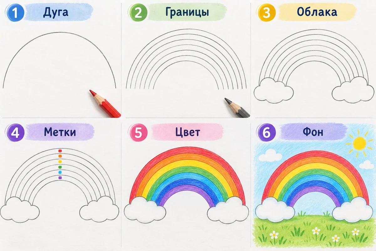 Последовательность: дуга, границы, облака, метки, цвет, фон