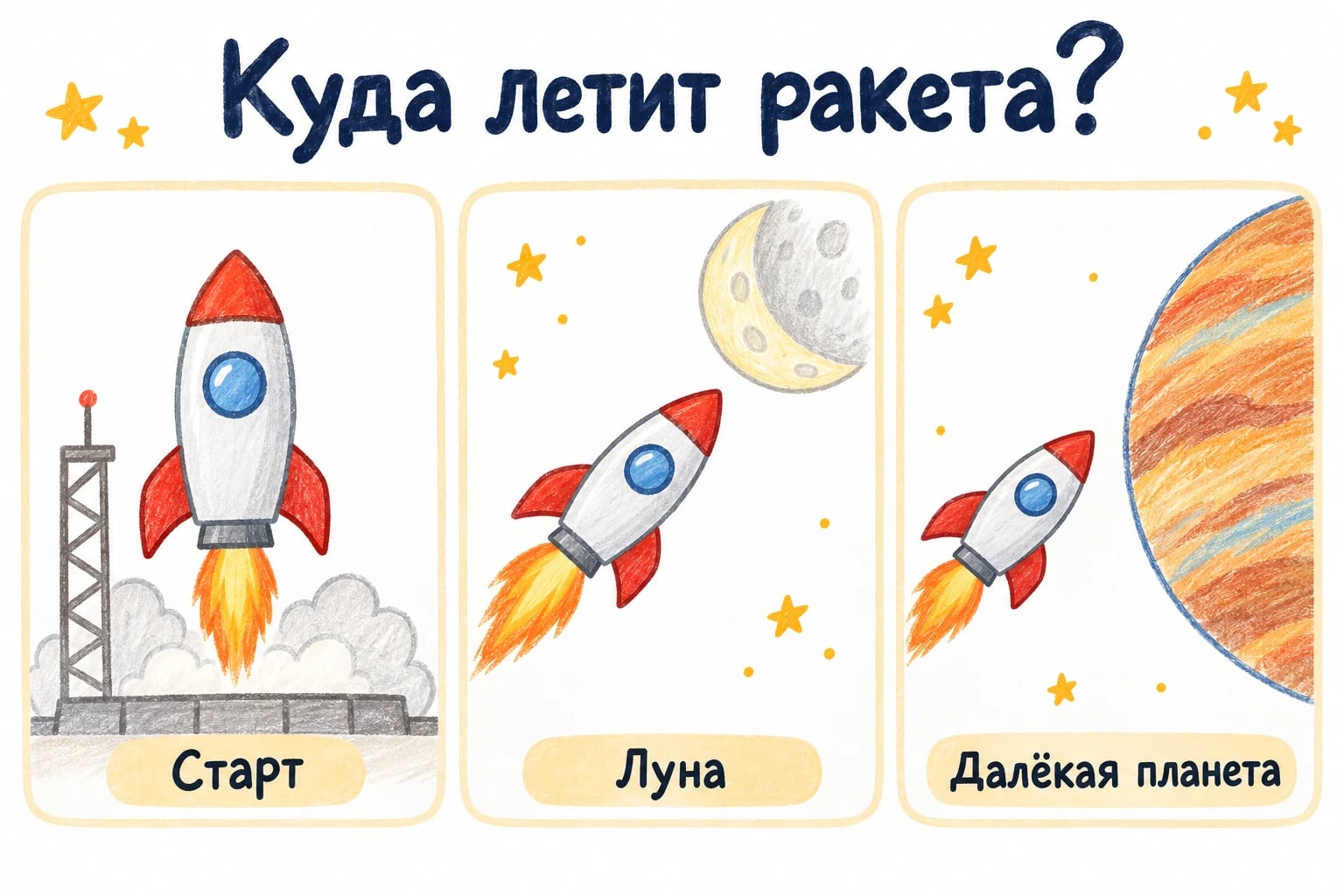Куда летит ракета?. Старт; Луна; Далёкая планета.