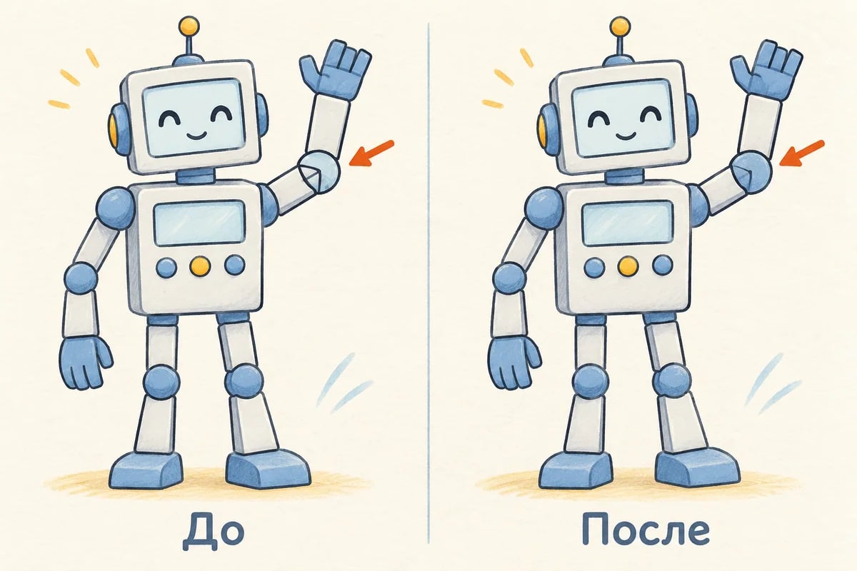 Поднятая рука робота: линии секций перечёркивают круг локтя и исправление с чистым круглым шарниром.