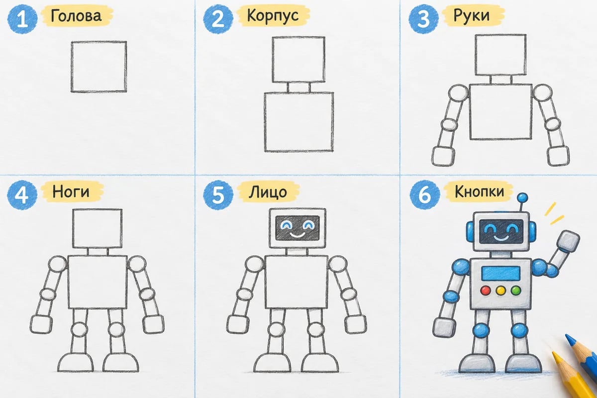 Последовательность: голова, корпус, руки, ноги, лицо, кнопки