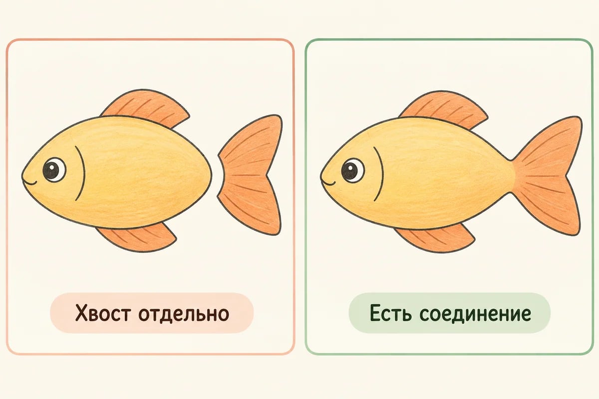 Слева хвост рыбки отделён от тела белым просветом; справа оба края хвоста соединены с туловищем.