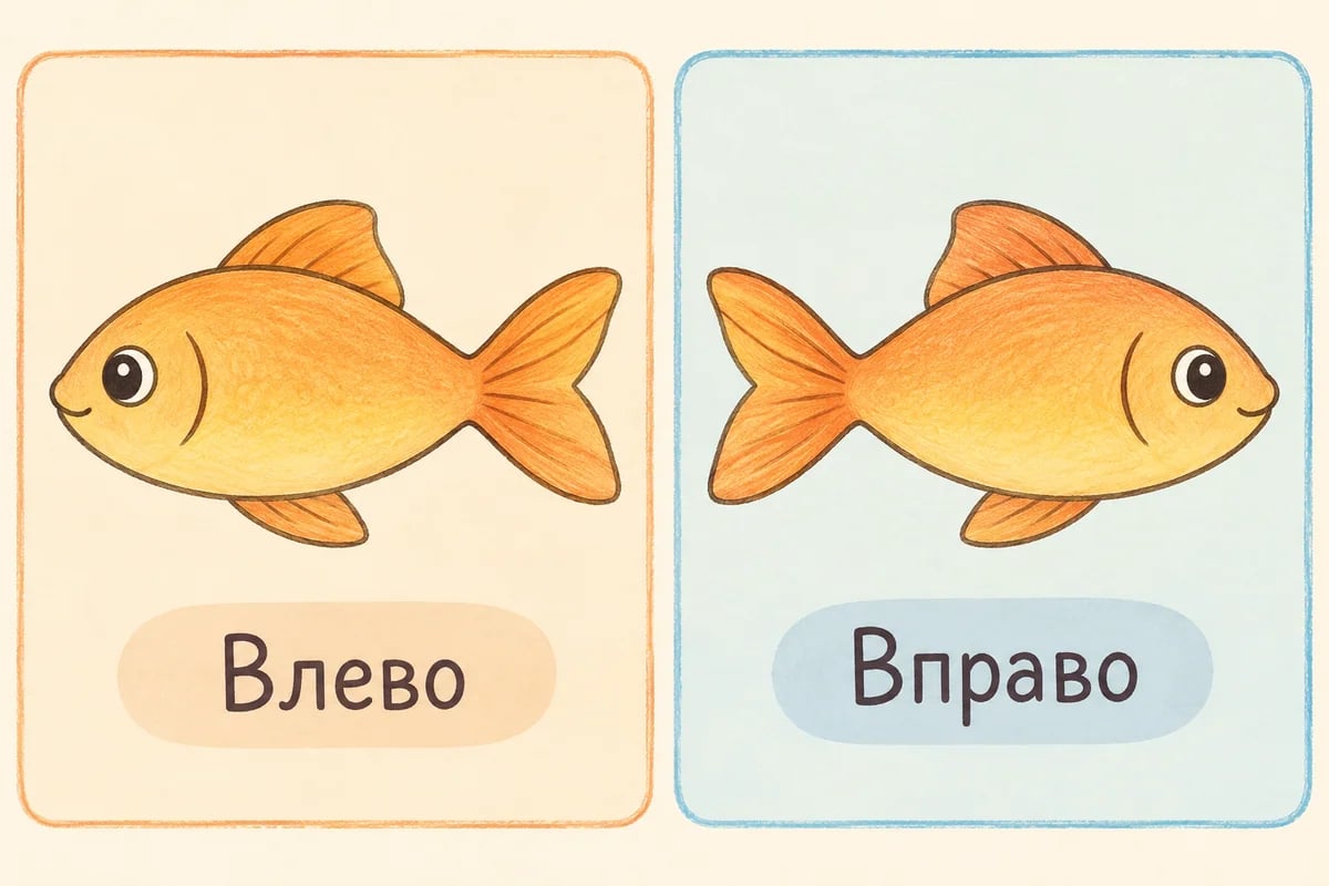 Две рыбки в профиль плывут в противоположных направлениях: левая головой влево, правая головой вправо.