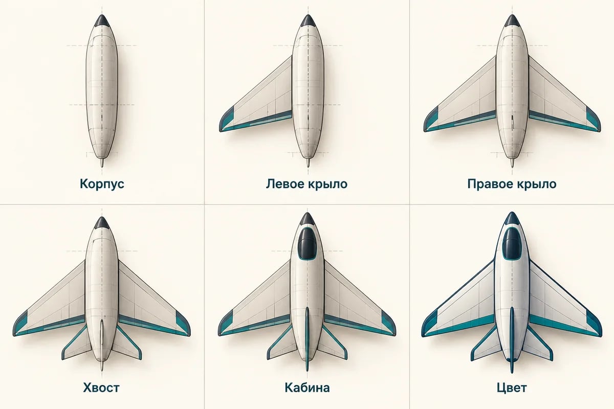 Шесть этапов рисунка самолёта сверху