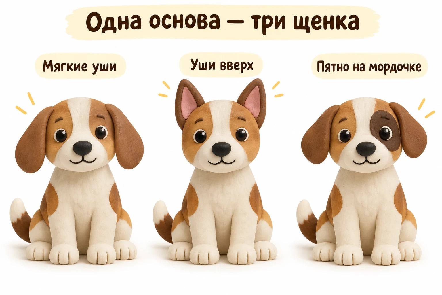 Одна основа — три щенка. Мягкие уши; Уши вверх; Пятно на мордочке.