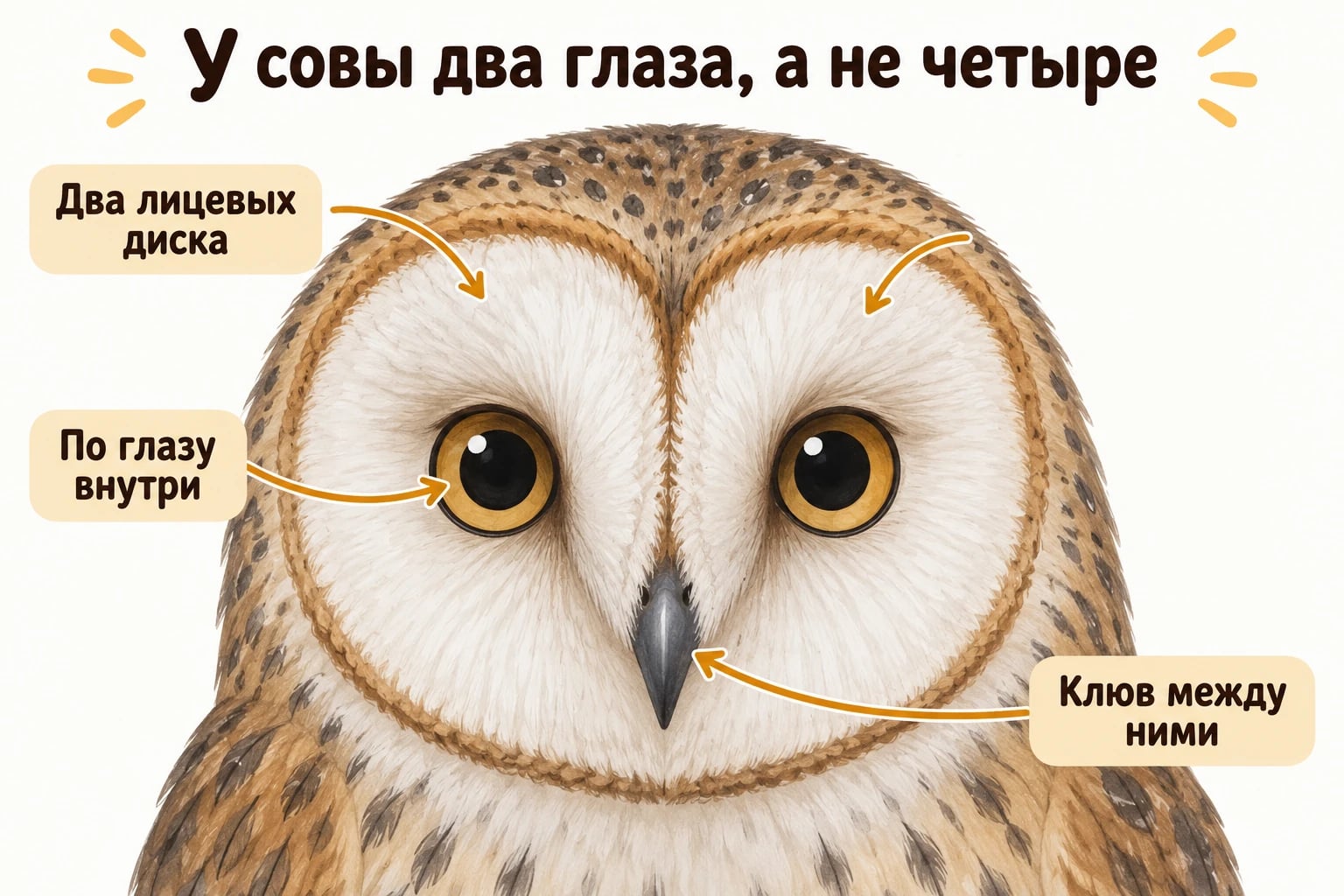 У совы два глаза, а не четыре. Два лицевых диска; По глазу внутри; Клюв между ними.