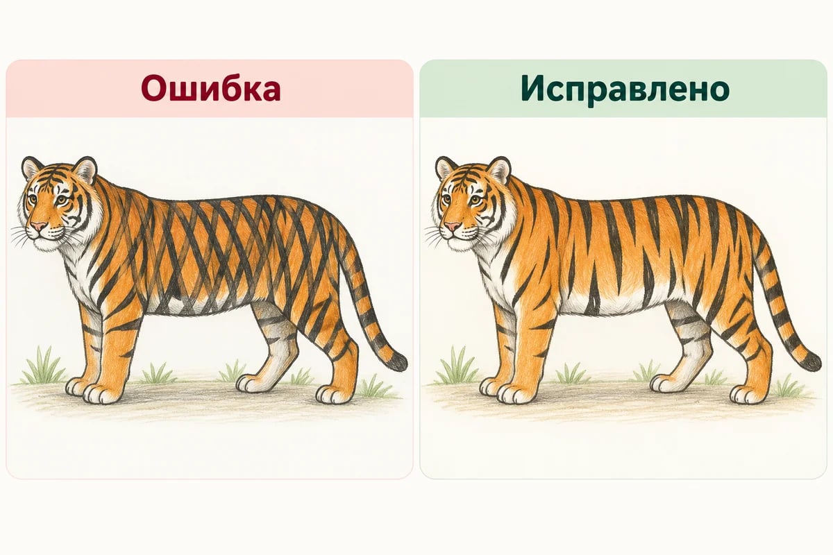 Слева тело закрыто непрерывной чёрной сеткой; справа на том же силуэте короткие отдельные клинья от спины и живота, оранжевые просветы.