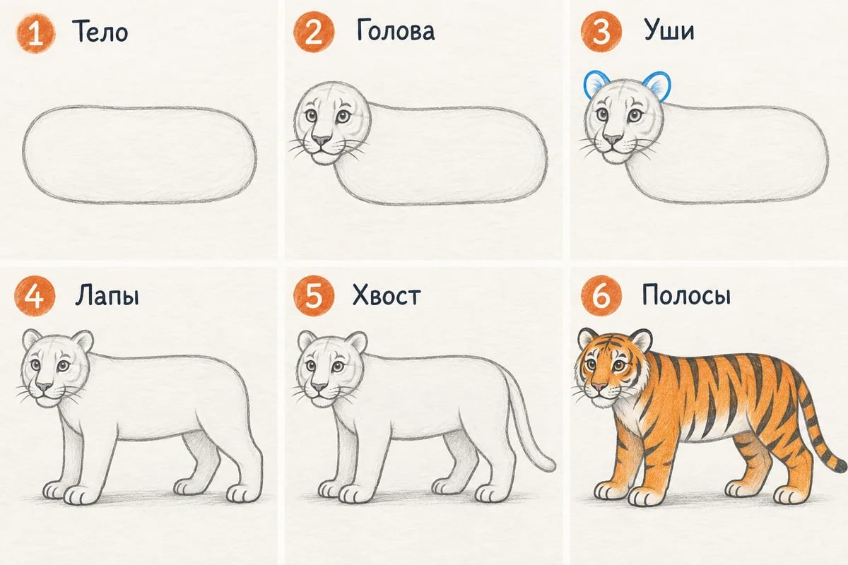 Последовательность действий: Тело, Голова, Уши, Лапы, Хвост, Полосы
