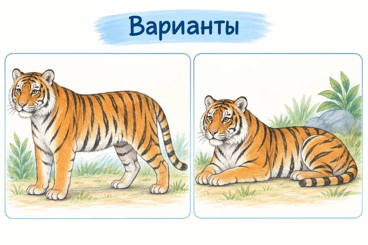Стоящий тигр и лежащий тигр с передними лапами горизонтально перед головой; разные опоры, одинаковая схема раздельных полос.