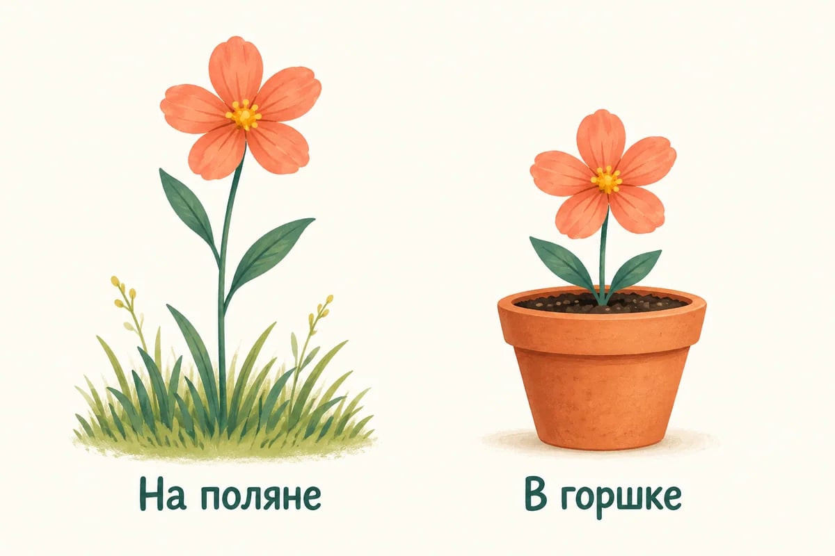 Цветок на поляне и тот же цветок в горшке