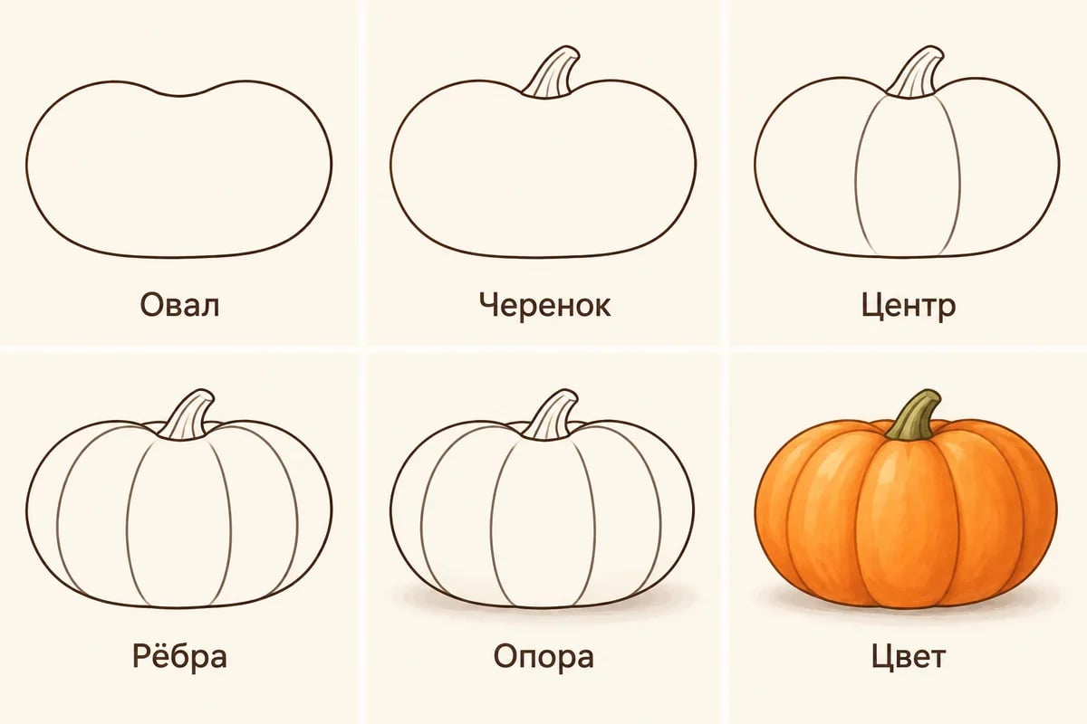 Шесть этапов рисования одной тыквы
