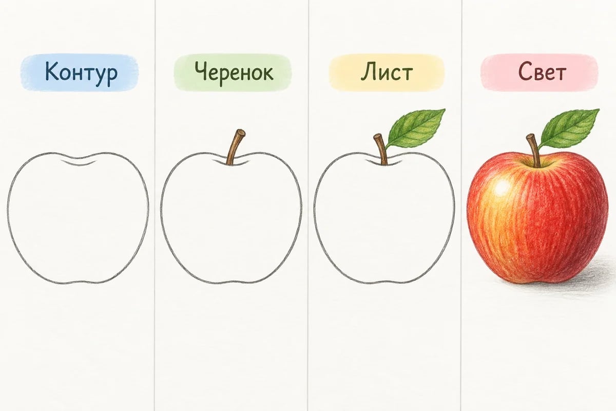 Контур, черенок, лист и свет на рисунке яблока