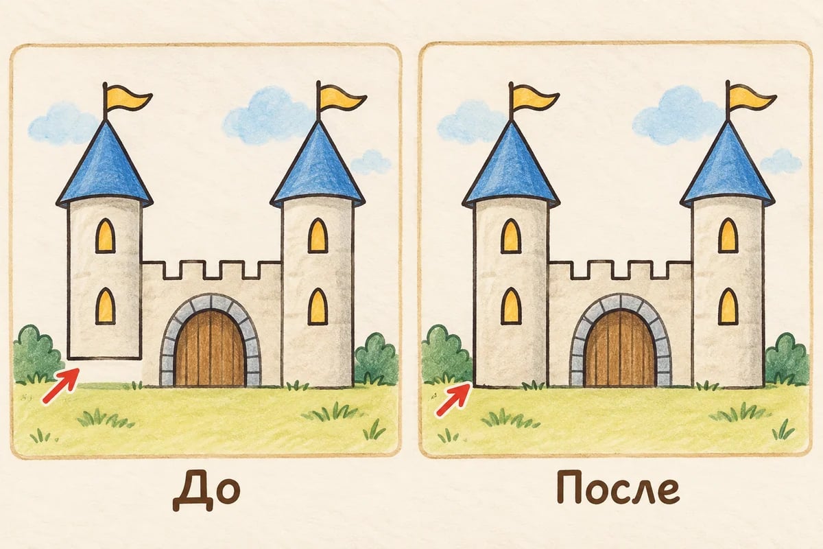 Слева одна башня не доходит до земли; справа её стороны продлены до общего основания, крыши, зубцы и ворота сохранены.