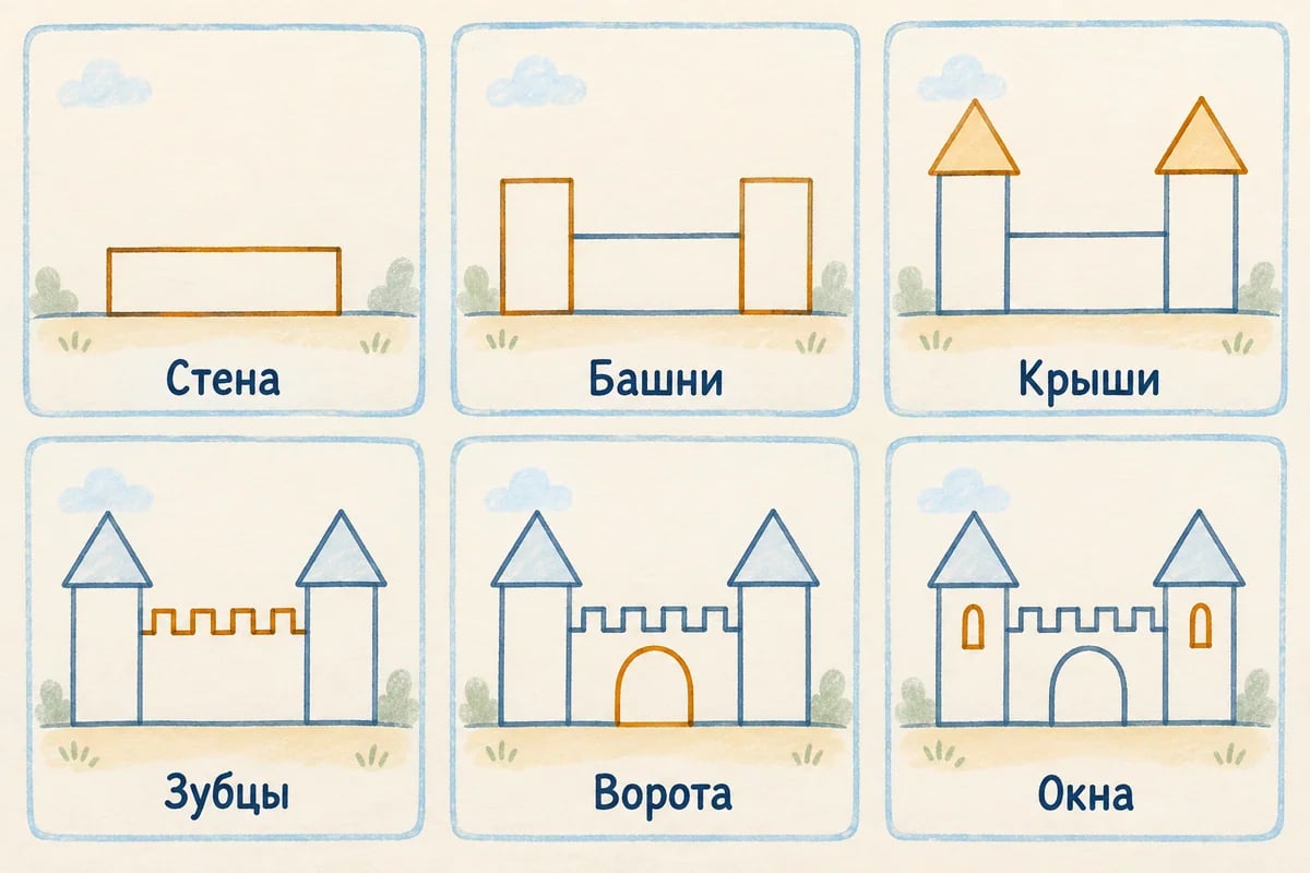 Последовательность: стена, башни, крыши, зубцы, ворота, окна