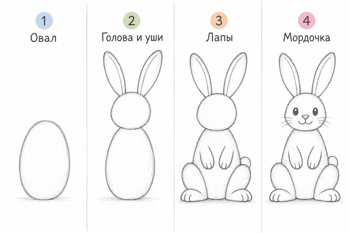 Четыре этапа рисунка зайца