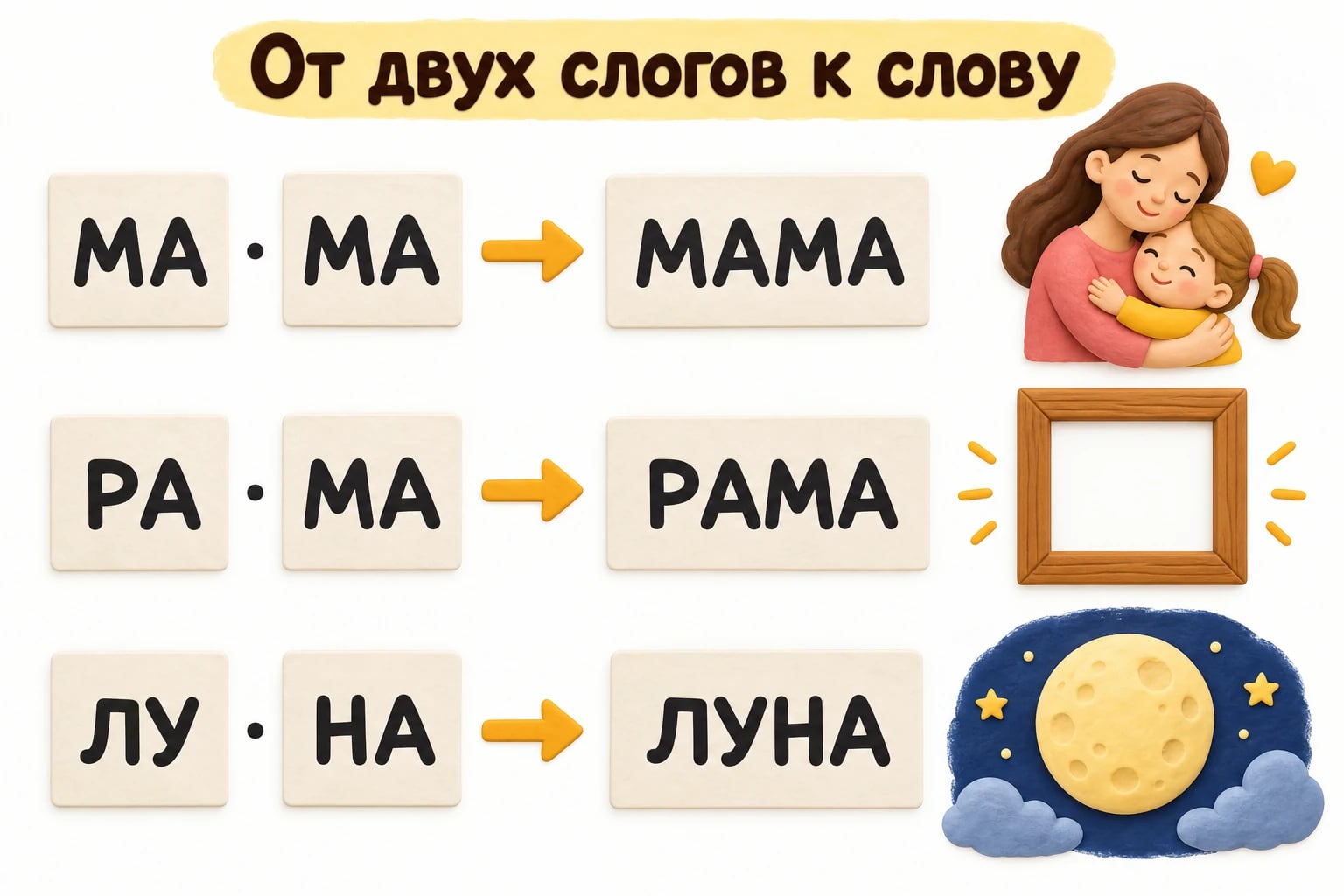 От двух слогов к слову. МА · МА; РА · МА; ЛУ · НА.