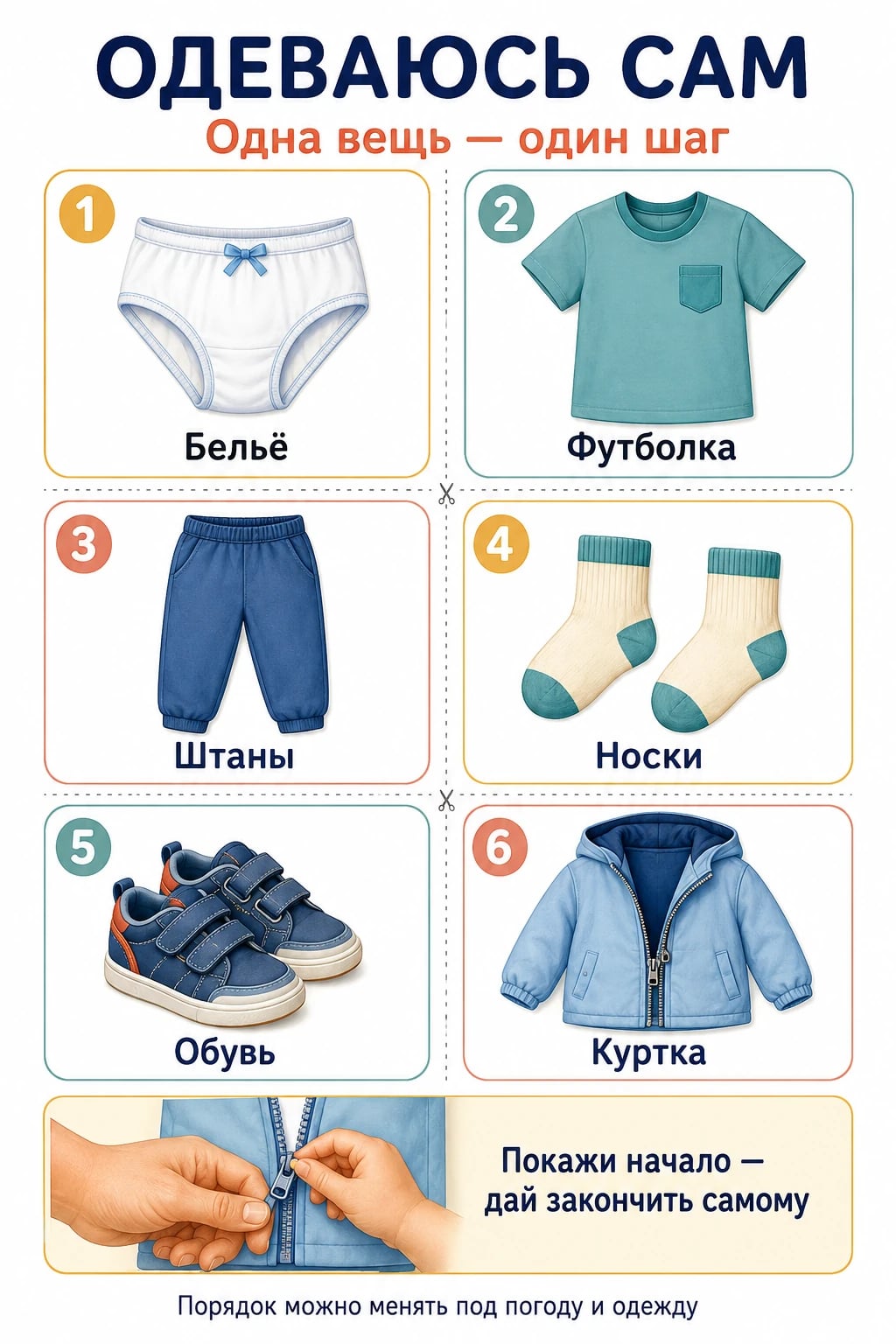 Шесть карточек одевания для печати: бельё, футболка, штаны, носки, обувь и куртка, с подсказкой постепенно передавать последний шаг ребёнку