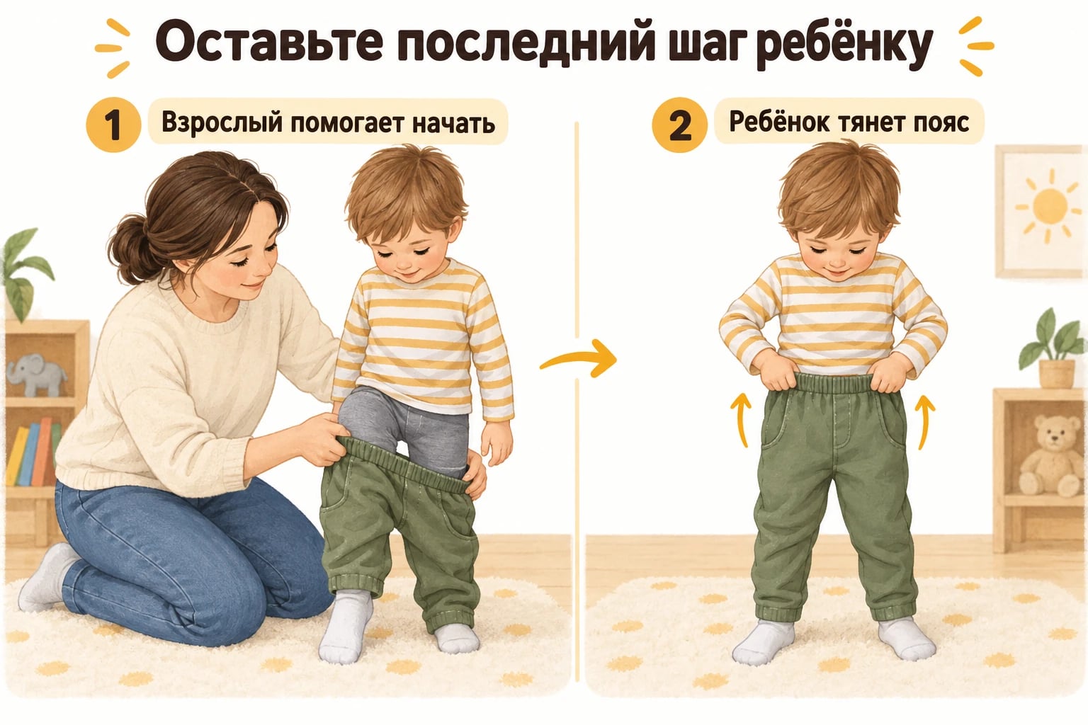 Оставьте последний шаг ребёнку. Взрослый помогает начать; Ребёнок тянет пояс.