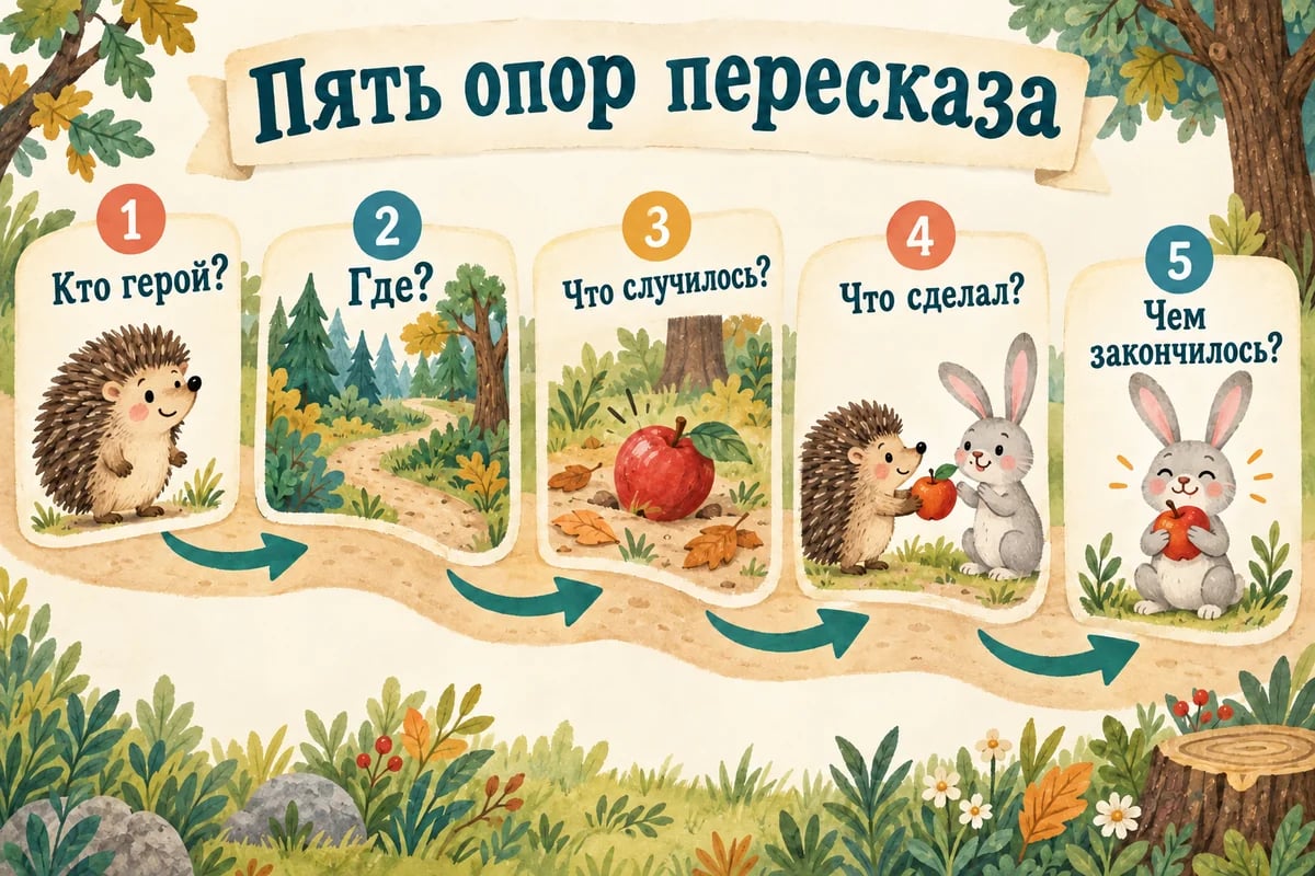 Пять вопросов для пересказа: герой, место, событие, действие и конец