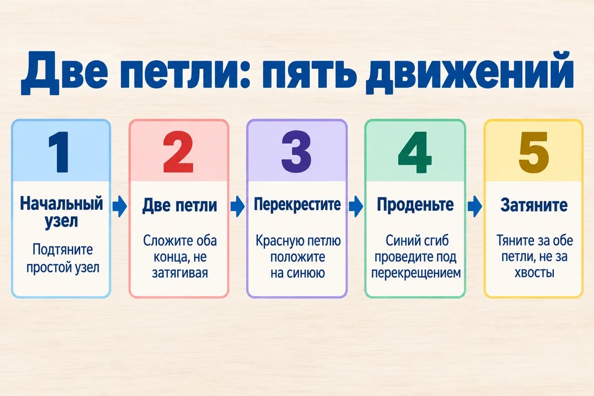 Текстовая памятка: пять движений для банта из двух петель