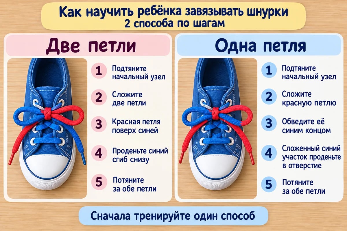 Текстовое сравнение способов «Две петли» и «Одна петля» с готовыми бантами на ботинках